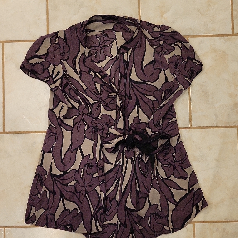 BCBGMaxAzria Dark Purple Floral Wrap Blouse